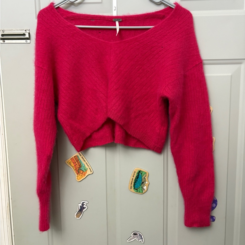 Free People Off-the-Shoulder Cropped Sweater in Hot Pink